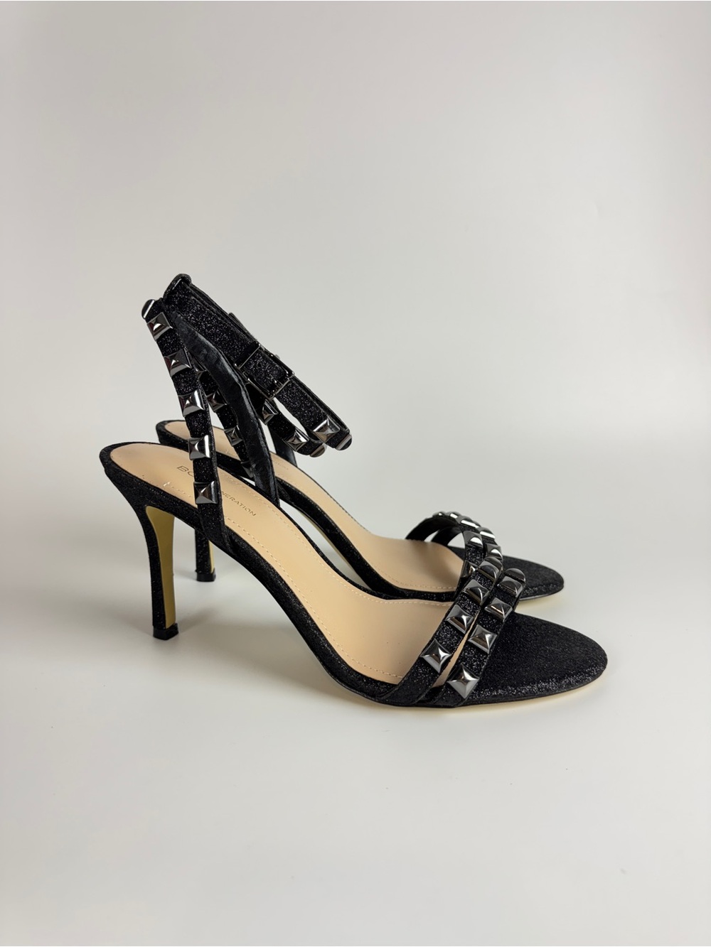 BCBGeneration Black Glittery Studded Ankle-Strap Heels